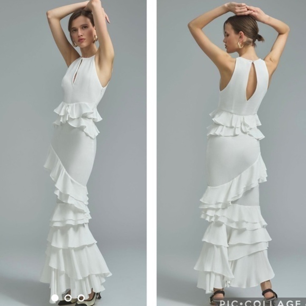 Anthropologie Forever That Girl White Tiered Ruffle Halter Maxi Dress